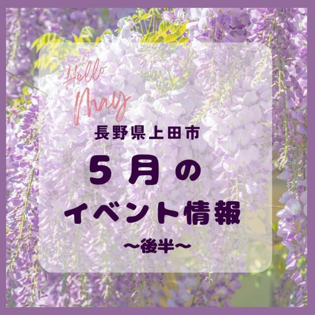.
🎏上田市 5月のイベント（後半）🎏

①第54回 うえだこどもまつり ～みんな2525こども万博～　
日にち／5月5日(月・祝)
時間／10：00～12：00
場所／上田城跡公園一帯(本部＝憩いの広場)
 
②「柳家一琴」　あいそめ落語会　初夏の巻
日にち／5月10日(土)
時間／第1部15：00～、第2部16：00～、第3部17：00～
場所／あいそめの湯　ラウンジ特設寄席
 
③塩田平札所めぐり～龍のみなぎる力を感じる旅～
日にち／5月10日(土)、17日(土)、20日(火)
時間／8：30出発
場所／10日=東塩田(集合：龍光院)、17日=中塩田(集合：安楽寺)、20日=西塩田,別所(集合：龍光院)
 
④令和7年度　真田塾『夏の夜空を彩る花火について』
日にち／5月17日(土)
時間／14：00～16：00
場所／真田図書館多目的ルーム
申込／電話(0268-72-8080)または真田図書館窓口（月曜休館）
 
⑤鹿教湯温泉 しあわせポールdeアクティブ ウォーキングフェスタ
日にち／5月24日(土)
時間／スタート9：00（受付8：00～）
場所／鹿教湯温泉交流センター
 
⑥第15回 別所線と走ろう、歩こう！ ラン＆ウォーク
日にち／5月24日(土)
時間／09：30 ～16：00
集合／上田城跡公園　芝生広場　受付時間8：30～9：30
スタート／上田城跡公園　芝生広場、ゴール／別所温泉あいそめの湯
 
⑦そば打ち体験教室
日にち／5月11日(日)、18日(日)、25日(日)
時間／各回受付9：30～、体験10：00～（約90分）
場所／武石観光センター
 
⑧ボンネットバスでめぐる！信州上田 塩田平プチ旅
募集期間／〜2026年3月まで(要予約)
約2時間半～3時間のプチツアーなので、上田市、別所温泉の観光のお供に最適です！
申込・問合せ／有限会社信州観光バス別所温泉営業所TEL:0268-39-7080
 
　
※定休日や金額などの詳細は、各主催者にお問い合わせください。

#上田市 #長野県  #観光 #上田観光 #信州上田  #長野県上田市 #上田 #イベント #長野県観光 #長野のいいところ #日本体験 #日本写真 #visitjapanjp #japanphotography #访问日本
#日本摄影 #訪問日本 #日本攝影 #일본체험 #일본사진　#春のイベント  #うえだ映え